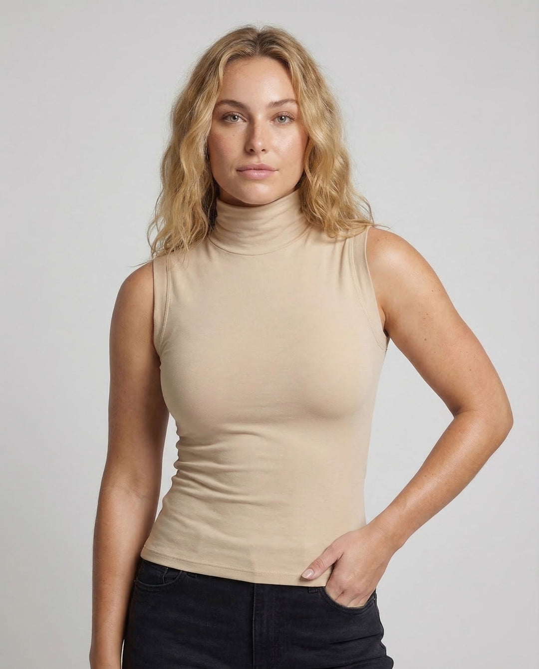 Women's Sleeveless Turtleneck Top Stretch Jersey, view 2 - Elena Harper