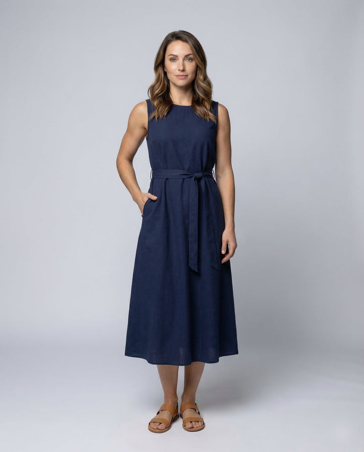 Women's Sleeveless Midi Dress with Waist Tie