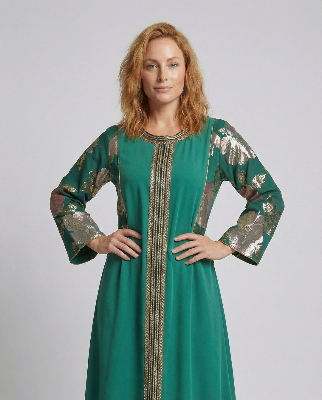 Women's Embroidered Kaftan Abaya Dress with Floral Sleeves