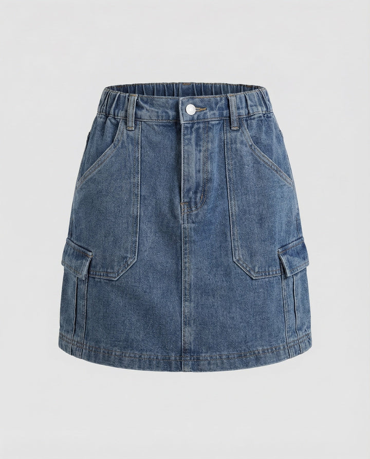 Women's A-Line Denim Mini Skirt with Flap Pockets