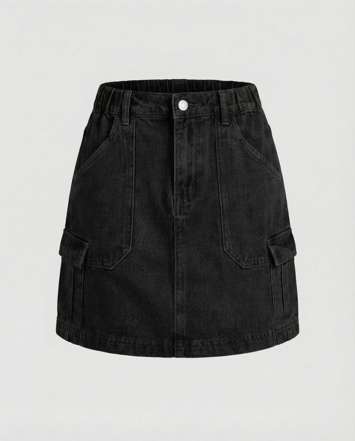 Women's A-Line Denim Mini Skirt with Flap Pockets