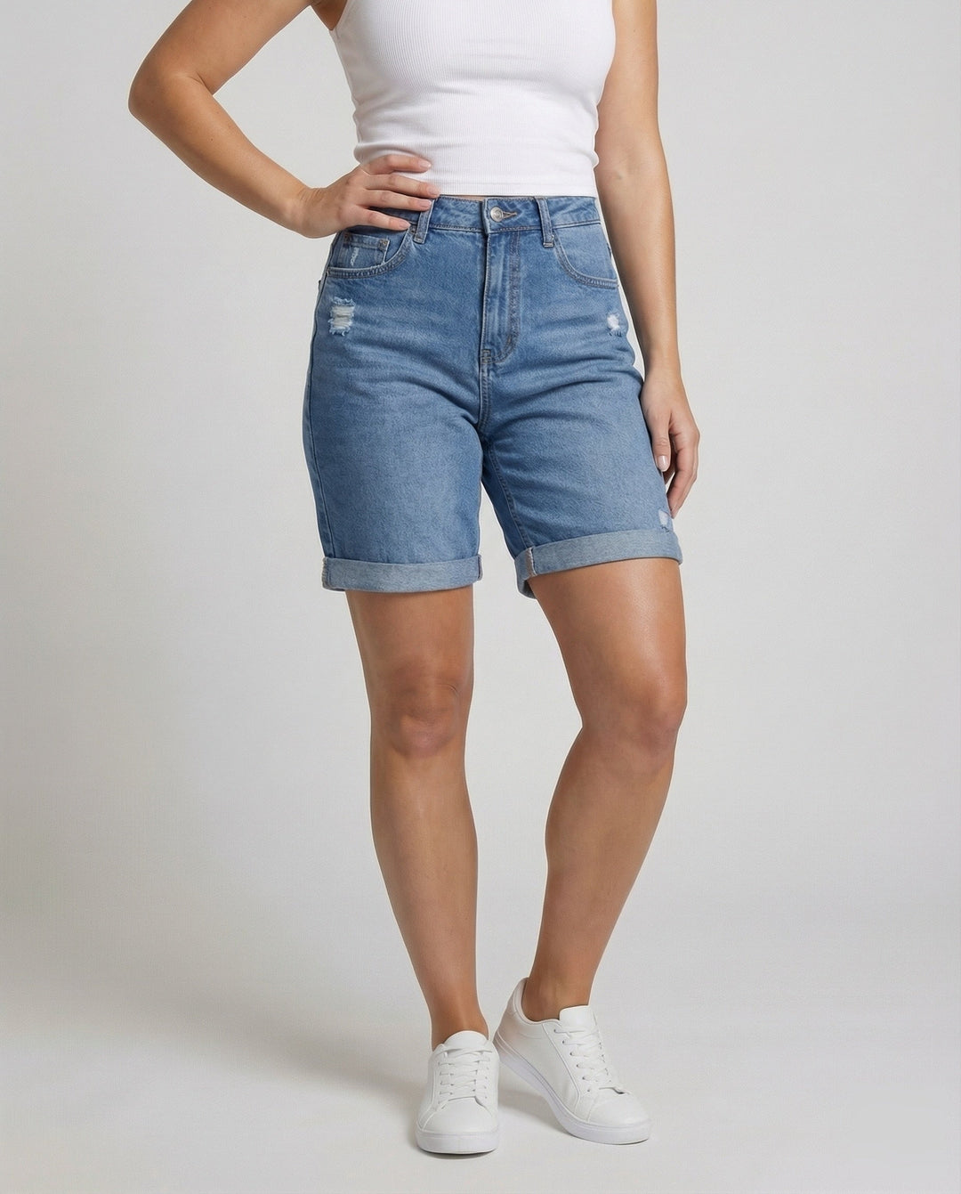 Women's Bermuda Jeans with Cuff and Destroyed Look