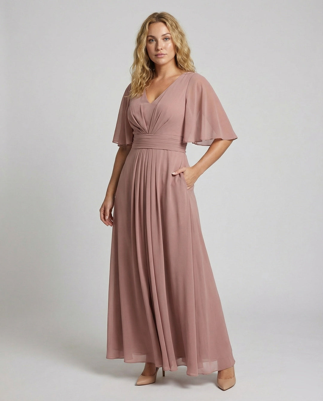 Ladies Elegant Chiffon Cape A-Line Midi Dress Élara - Elena Harper