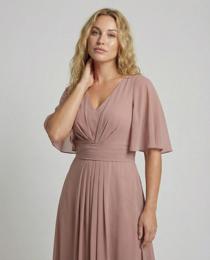 Ladies Elegant Chiffon Cape A-Line Midi Dress Élara, view 2 - Elena Harper