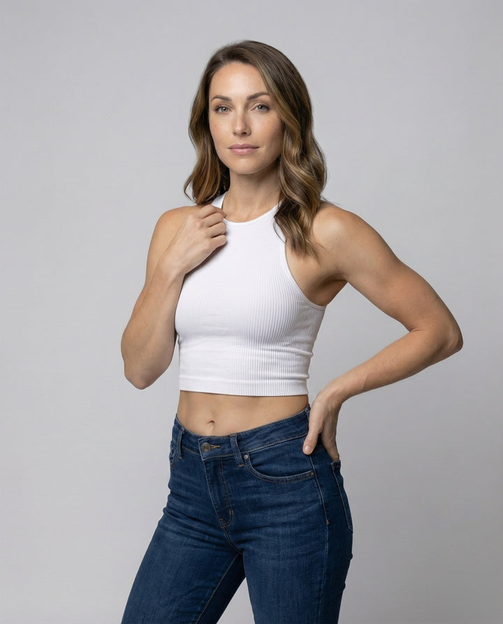 Women's Athletic Crew Neck Ribbed Crop Top