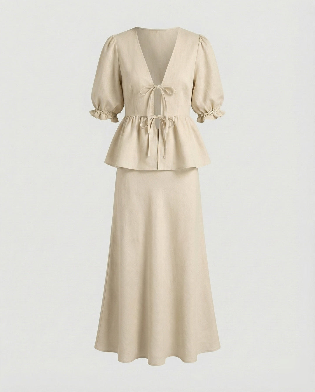 Ladies Elegant Tailored Wrap Blouse Linen Set Élanora, view 6 - Elena Harper