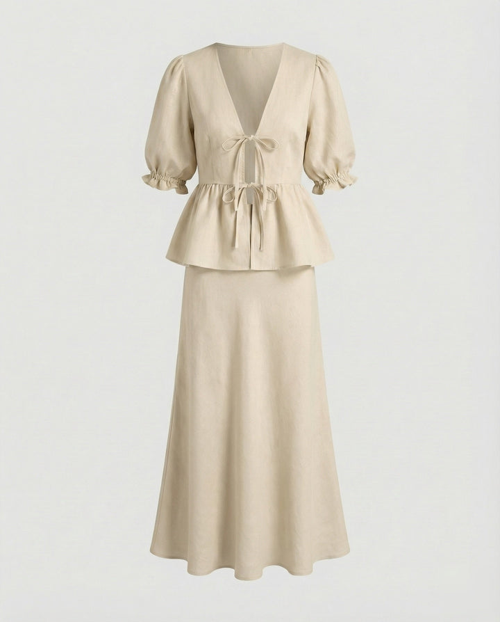 Ladies Elegant Tailored Wrap Blouse Linen Set Élanora, view 6 - Elena Harper
