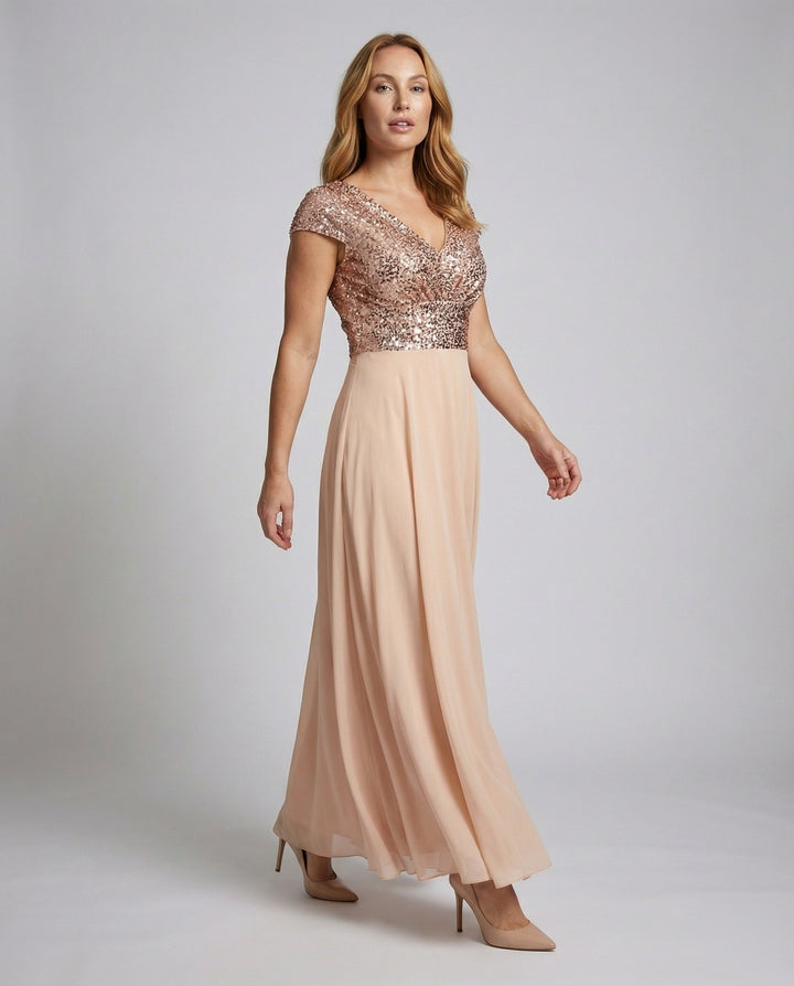 Women's Evening Dress Satin Look Cap Sleeves Bodice