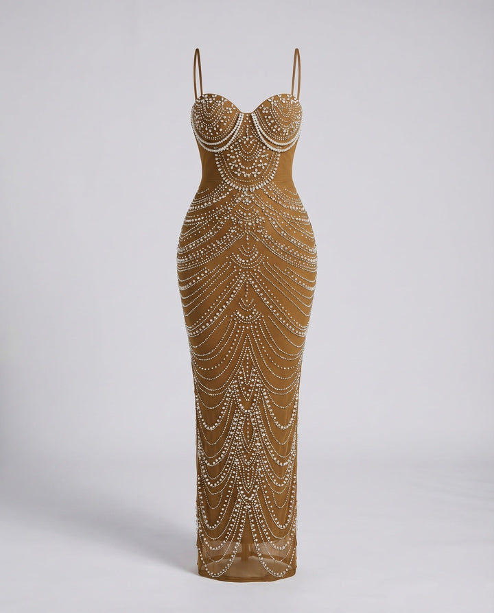 Ladies Evening Dress Floor-Length Pearl Application Heart Neckline