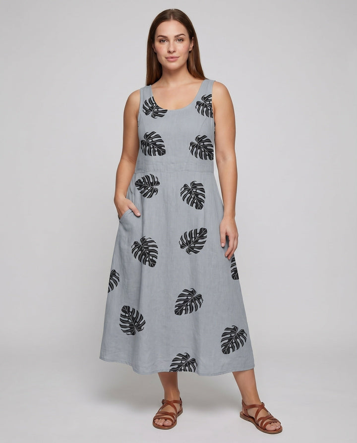 Women's Sleeveless Maxi Dress Watercolor Flowers Side Pockets Flowy