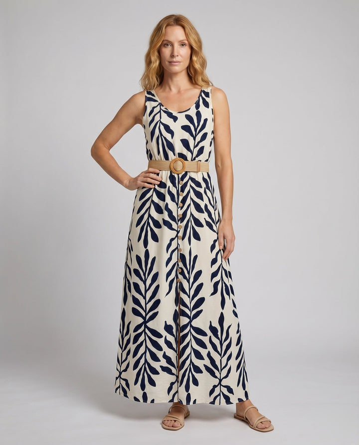Women's Sleeveless Maxi Dress Leaf Print Side Slit Button Placket