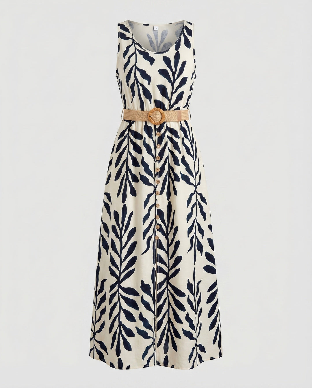 Women's Sleeveless Maxi Dress Leaf Print Side Slit Button Placket