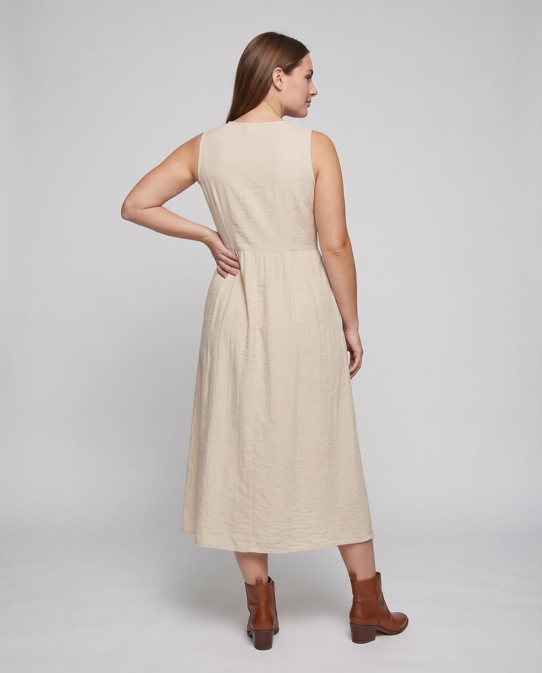Women's Sleeveless Midi Dress Button Placket Fitted Cut Side Pockets