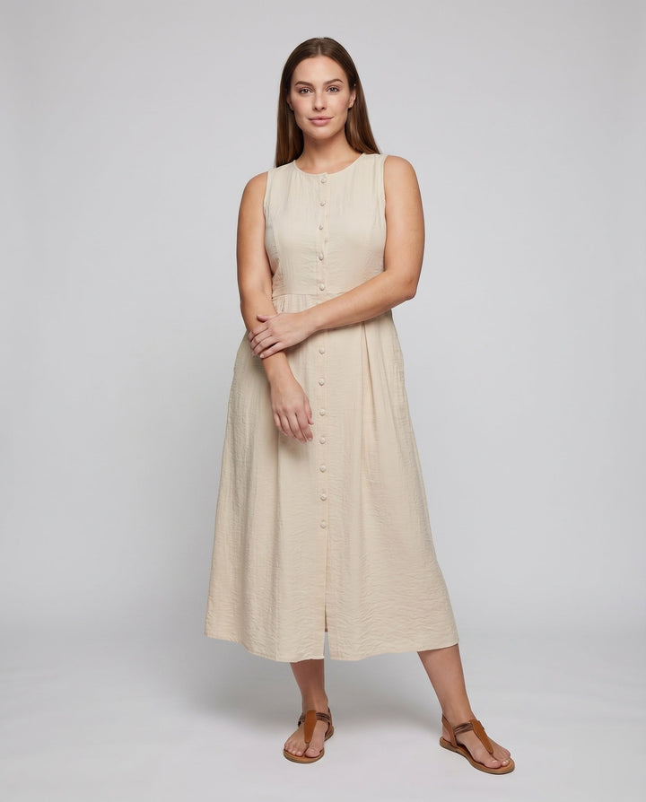 Women's Sleeveless Midi Dress Button Placket Fitted Cut Side Pockets