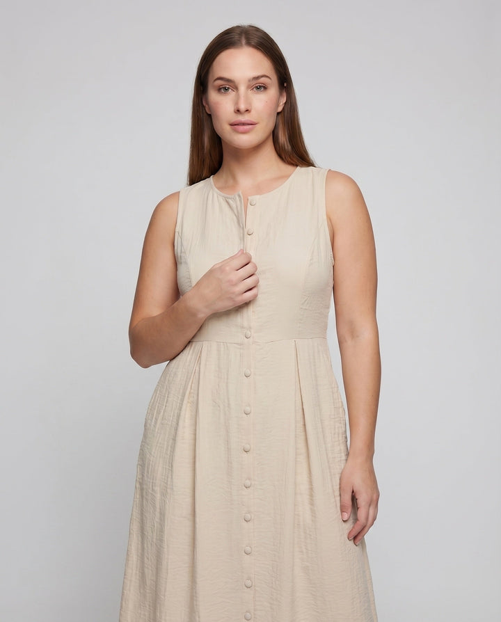 Women's Sleeveless Midi Dress Button Placket Fitted Cut Side Pockets