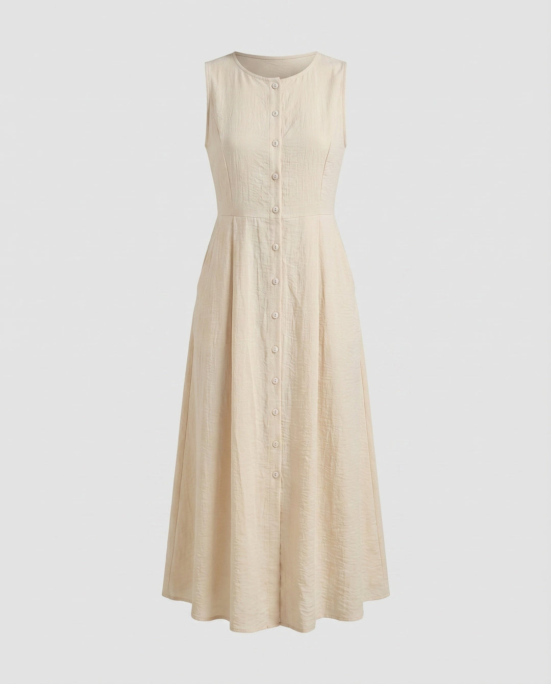 Women's Sleeveless Midi Dress Button Placket Fitted Cut Side Pockets