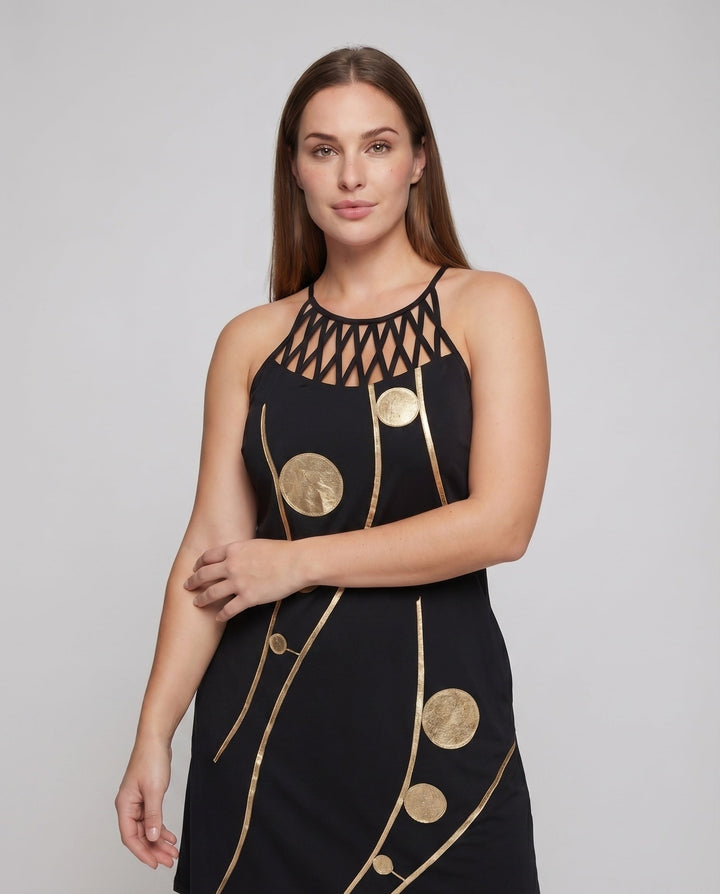 Women's Sleeveless Mini Dress Mesh Collar Asymmetrical Hem Decorative Circles, view 2 - Elena Harper