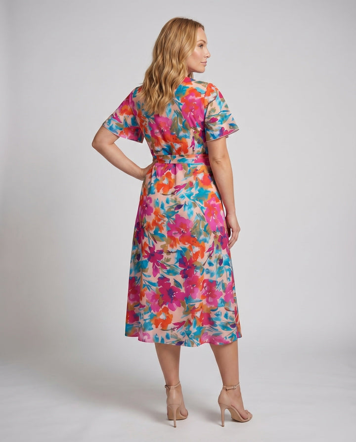 Women's A-Line Wrap Midi Dress V-Neck Knot Waistband Short Sleeve, view 4 - Elena Harper