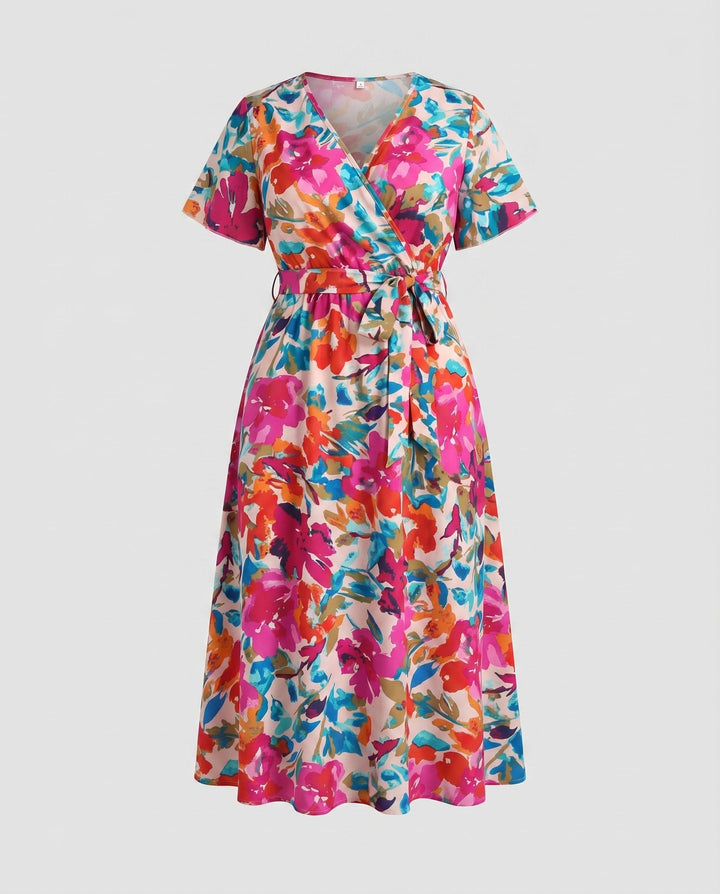 Women's A-Line Wrap Midi Dress V-Neck Knot Waistband Short Sleeve, view 5 - Elena Harper