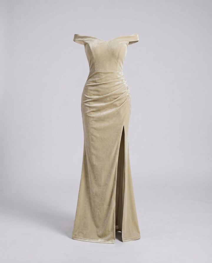 Women's Evening Dress with High Slit and Glitter Look, Off-Shoulder