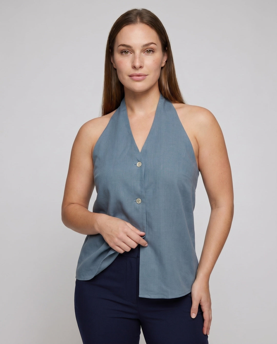 Women's Sleeveless Linen Top with Deep V-Neck