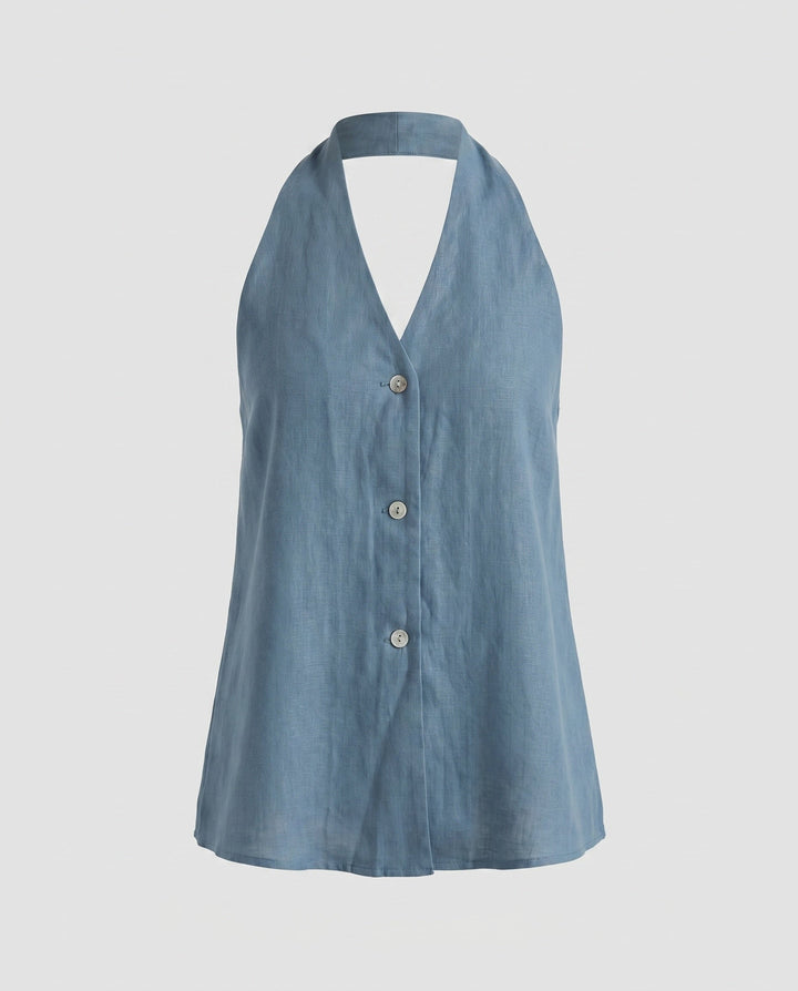Women's Sleeveless Linen Top with Deep V-Neck