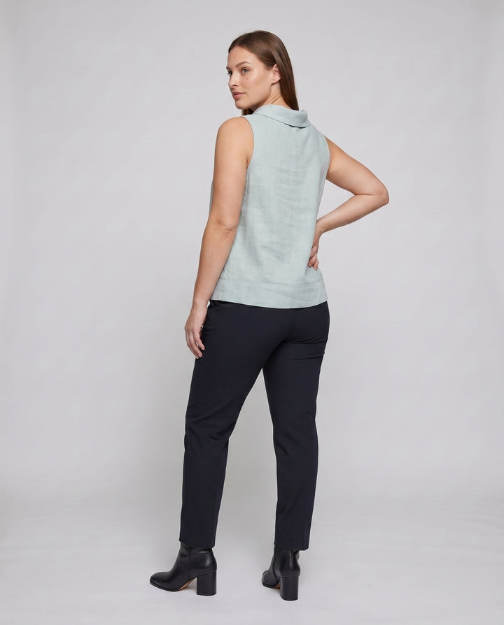 Women's Sleeveless Linen Top with Elegant Stand Collar, view 4 - Elena Harper