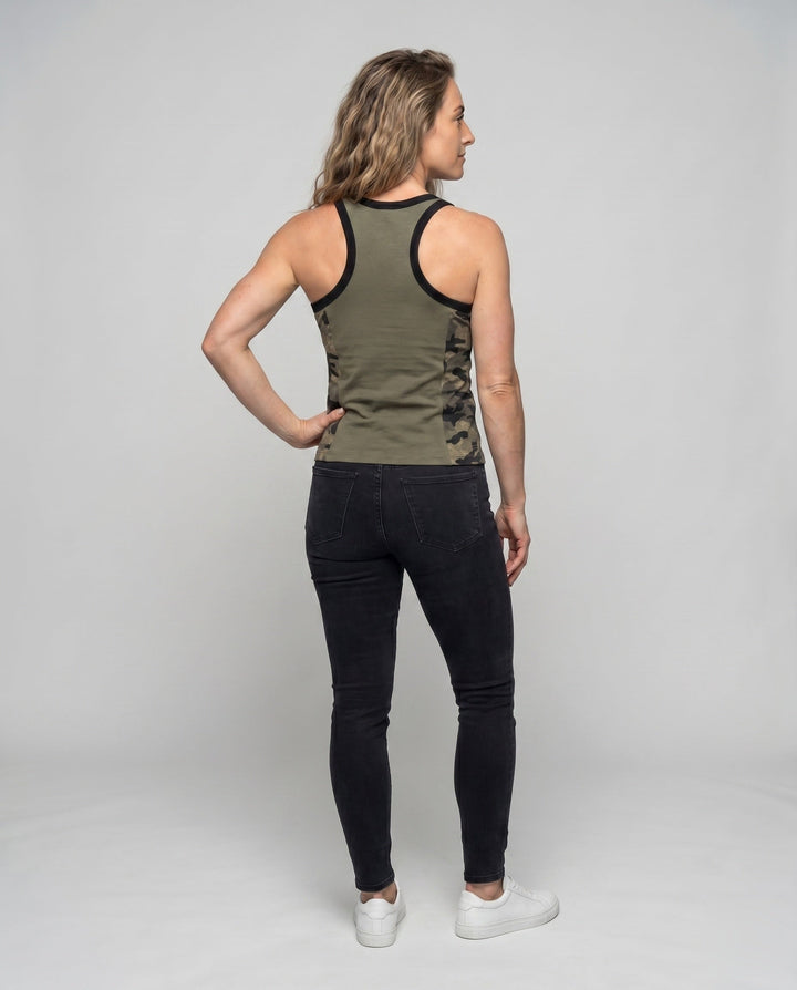 Women's Sleeveless Camo Top with Side Lacing, view 4 - Elena Harper