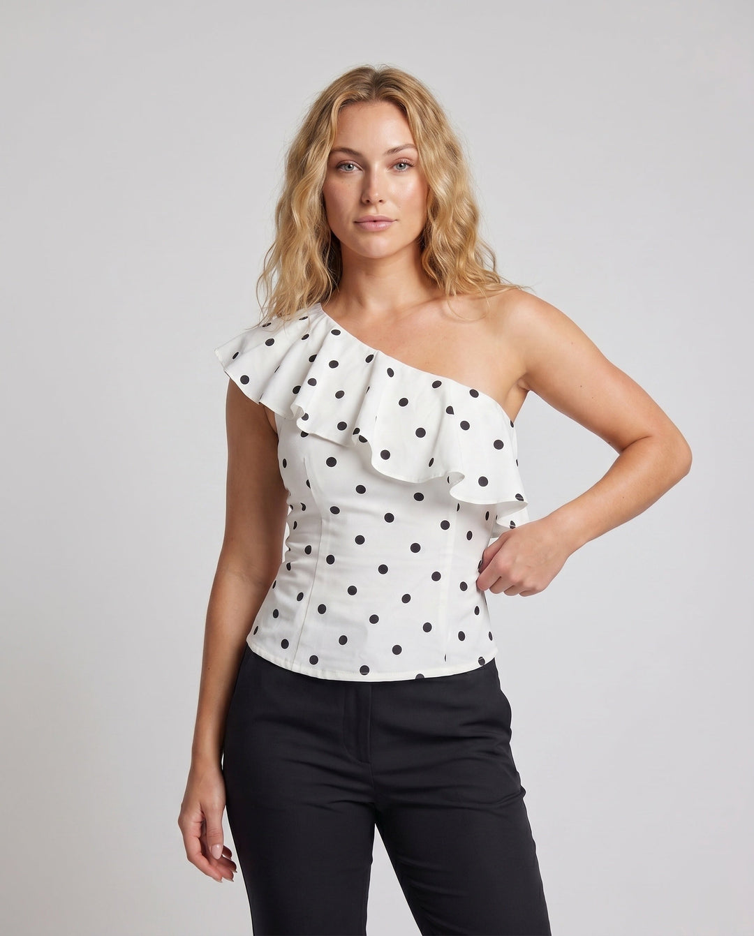Women's Asymmetrical Top with Ruffles and Polka Dot Pattern
