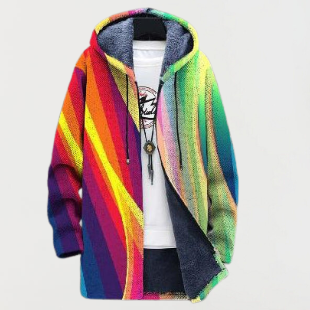 Men's Rainbow Striped Hooded Cardigan Open Front