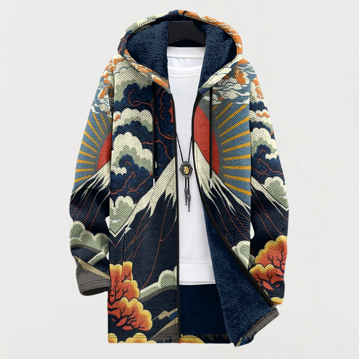 Men's Hooded Cardigan Coat with Zip Front and Art Print