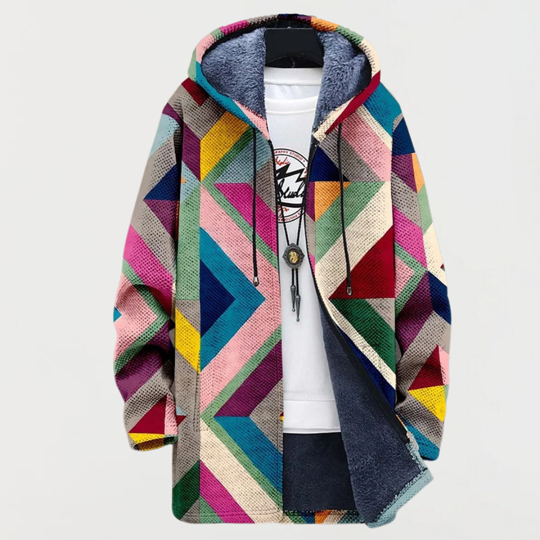 Men's Geometric Print Hooded Cardigan with Fleece Lining