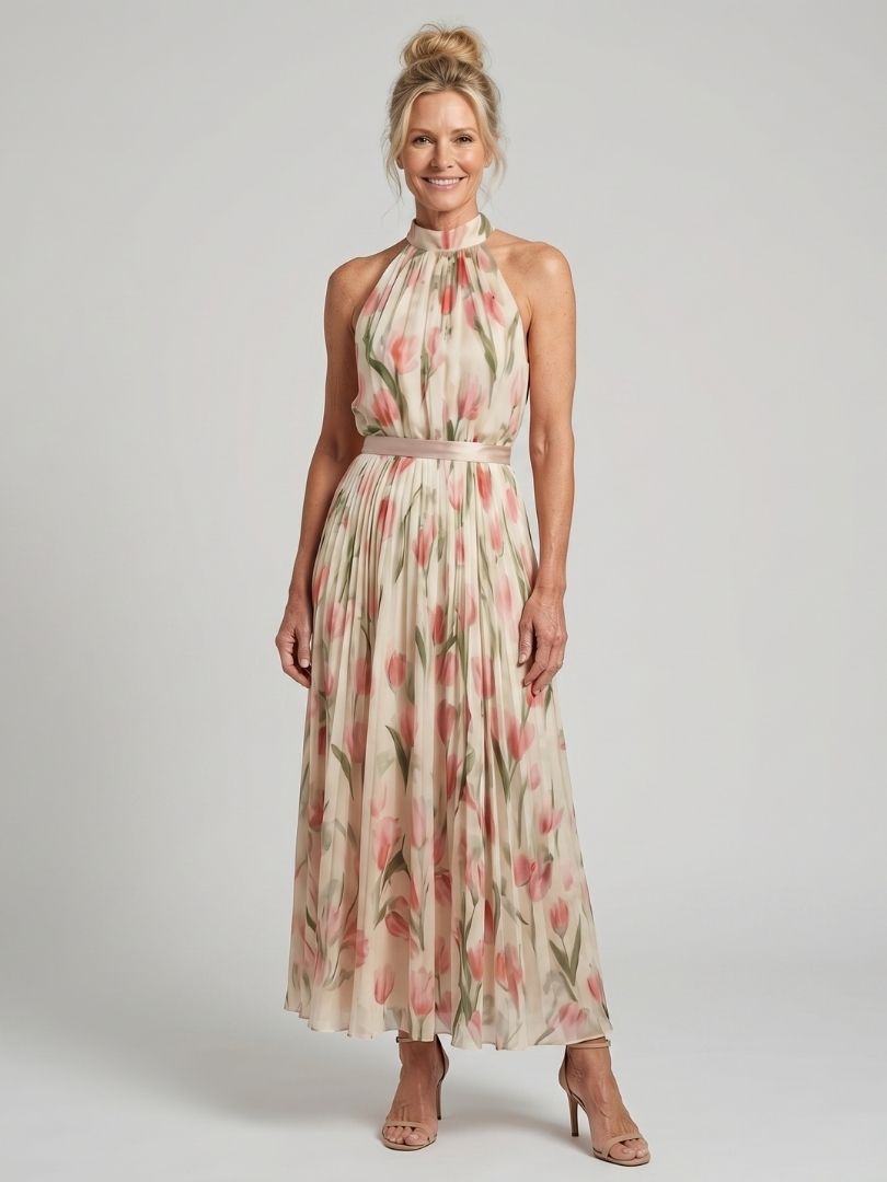 Aurelle Halter Neck Floral Midi Dress - Elena Harper