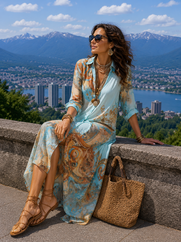 Long Women's Shirt Dress with Fluid Artistic Print