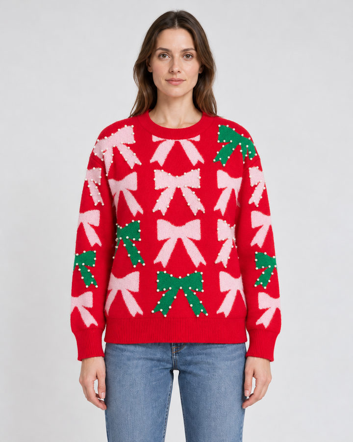 Christmas Sweater with Knot and Pearl Patterns, Iridescent Effect for Women