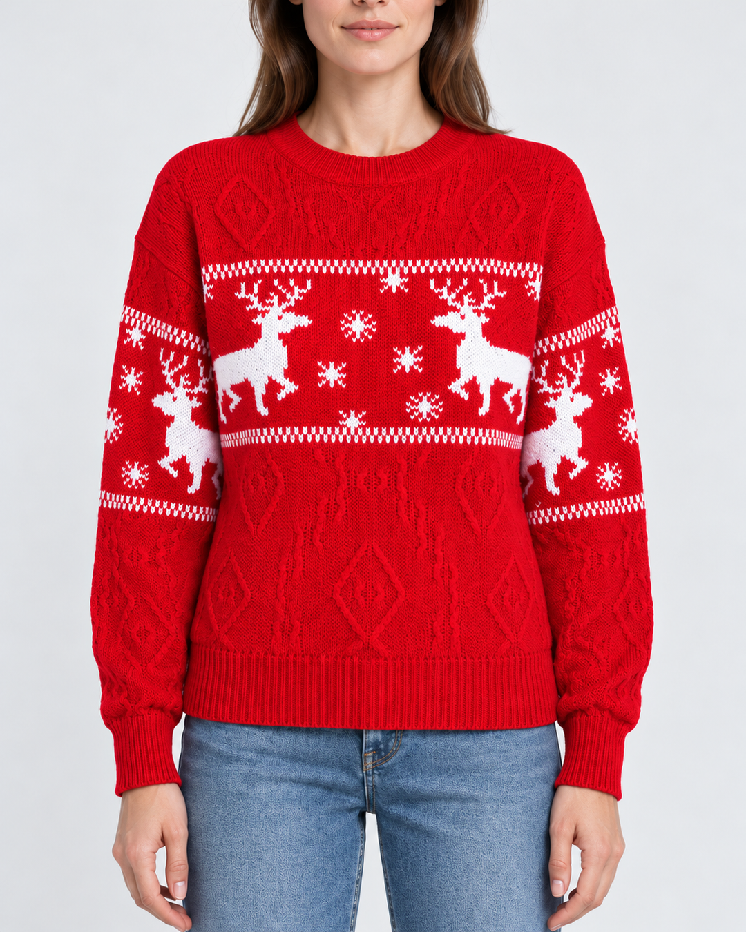 Twisted Knit Sweater with Reindeer and Snowflakes for Women