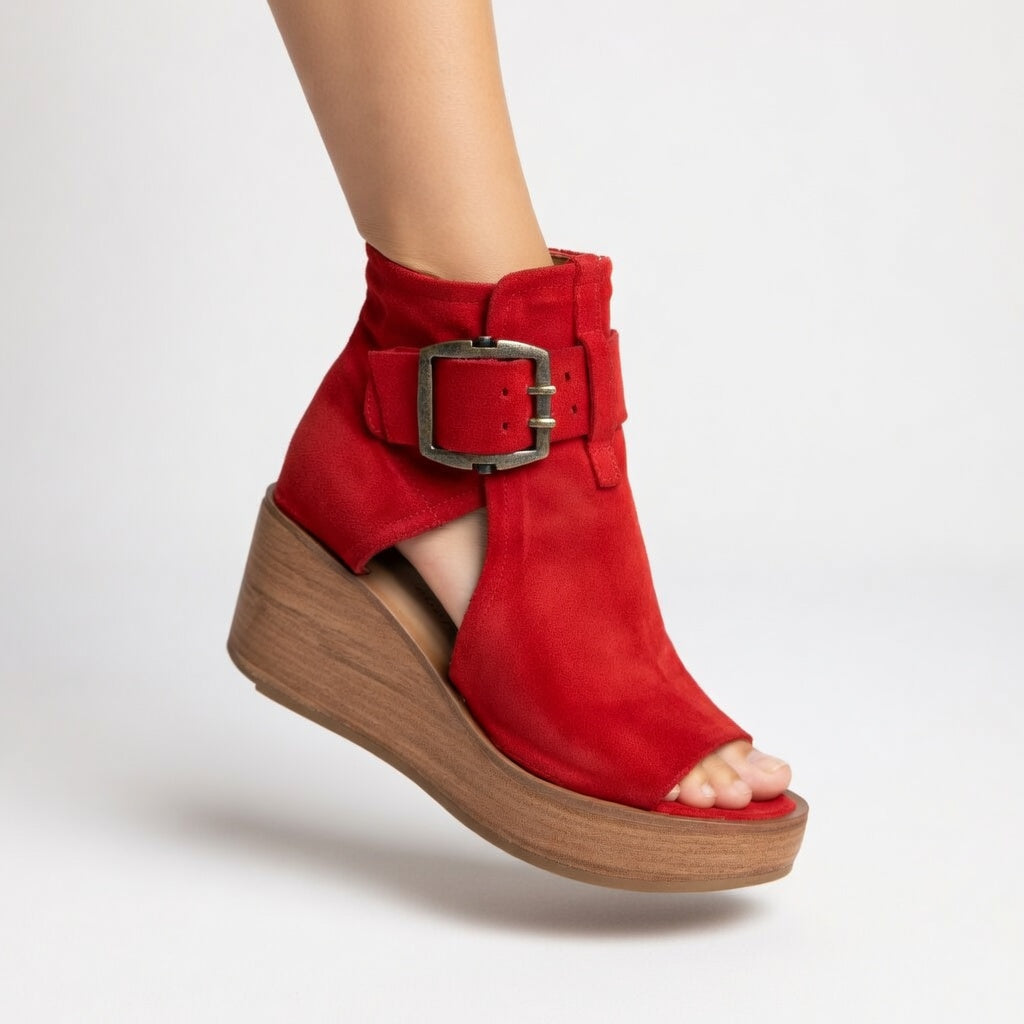 Women's Wedge Sandals Suede Open Toe Metal Buckle Wooden Sole