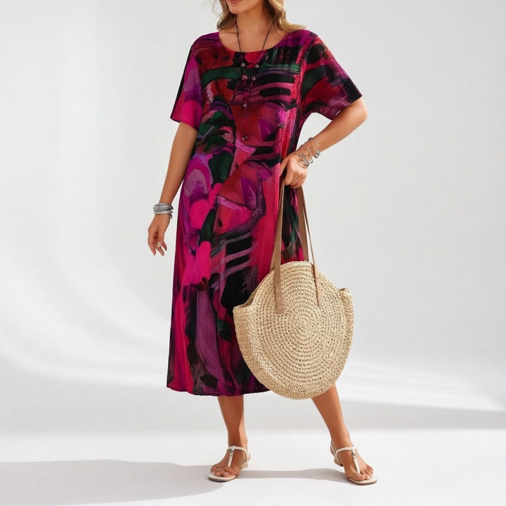 Long flowing dress with artistic print Summer bohemian elegance - Elena Harper