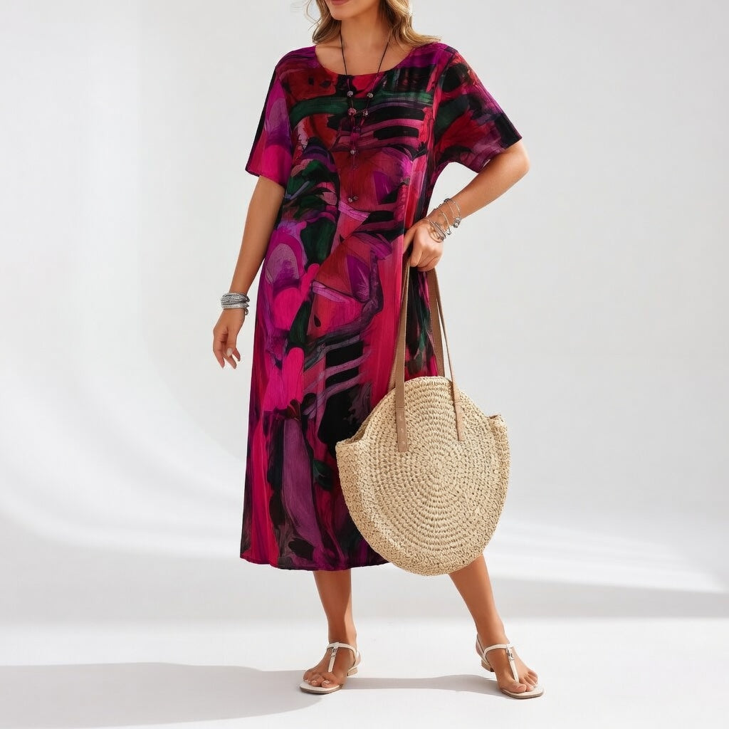 Flowy long dress with artistic print Summer bohemian elegance - Elena Harper