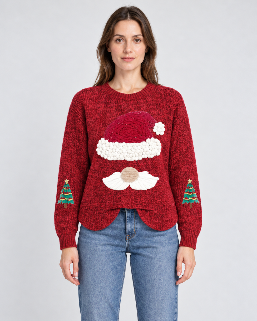 Textured Christmas Sweater with Santa Pattern for Women