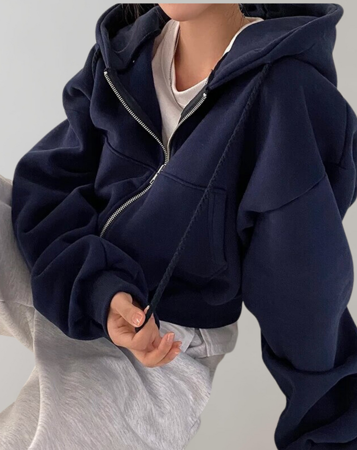 Women's Zip-Up Hoodie with Drawstring Hood and Ribbed Cuffs