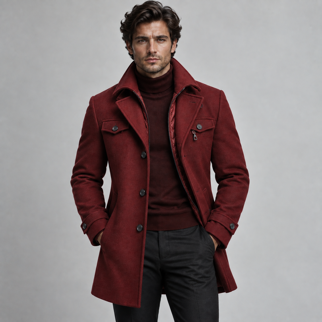 Men's Wool Coat with High Collar and Padded Lining