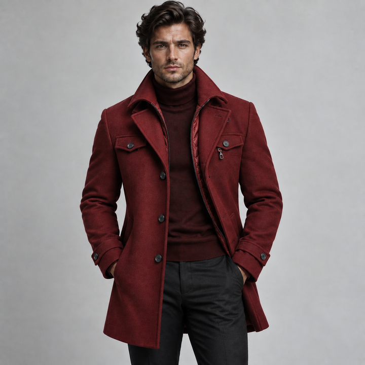 Men's Wool Coat with High Collar and Padded Lining
