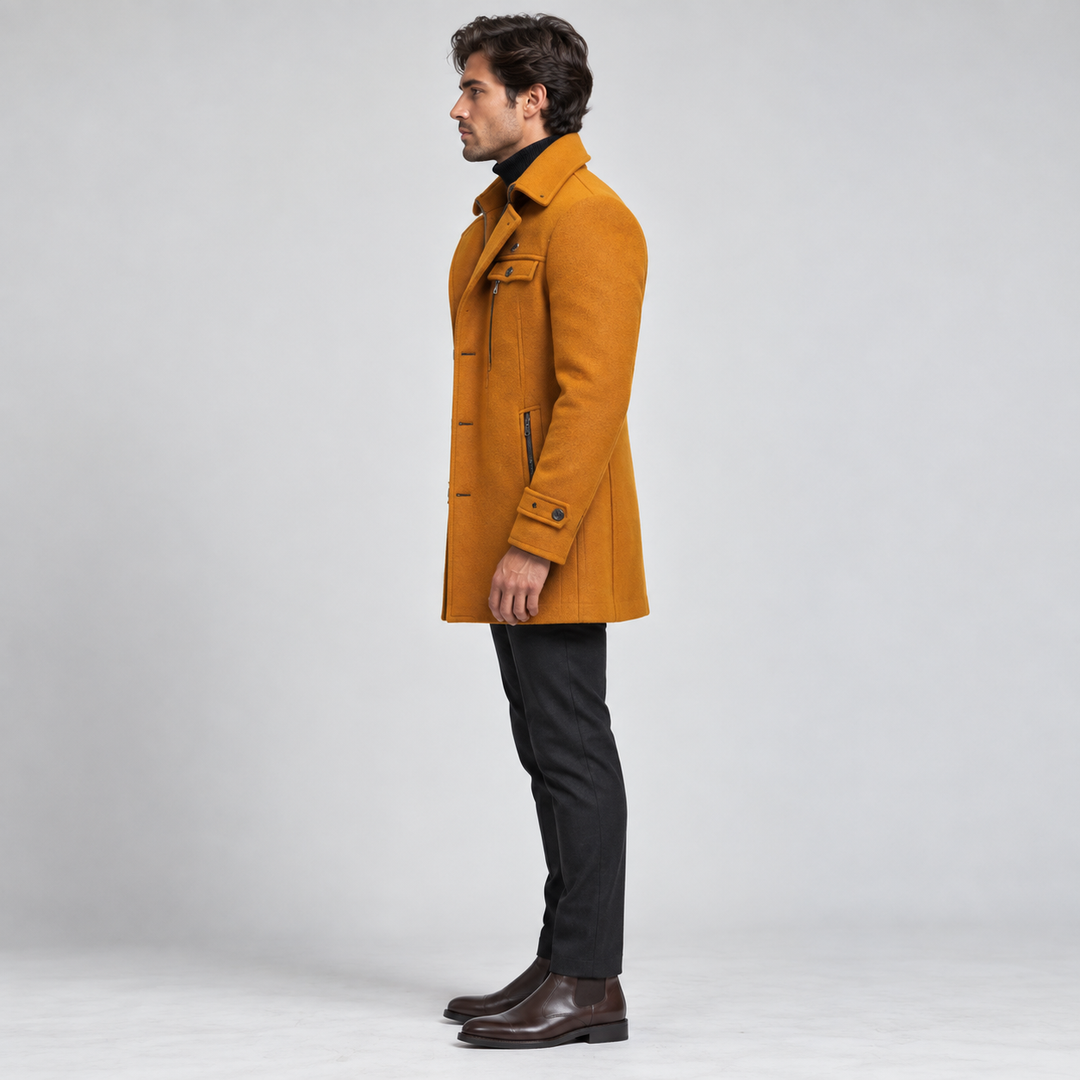 Men's Wool Coat with High Collar and Padded Lining