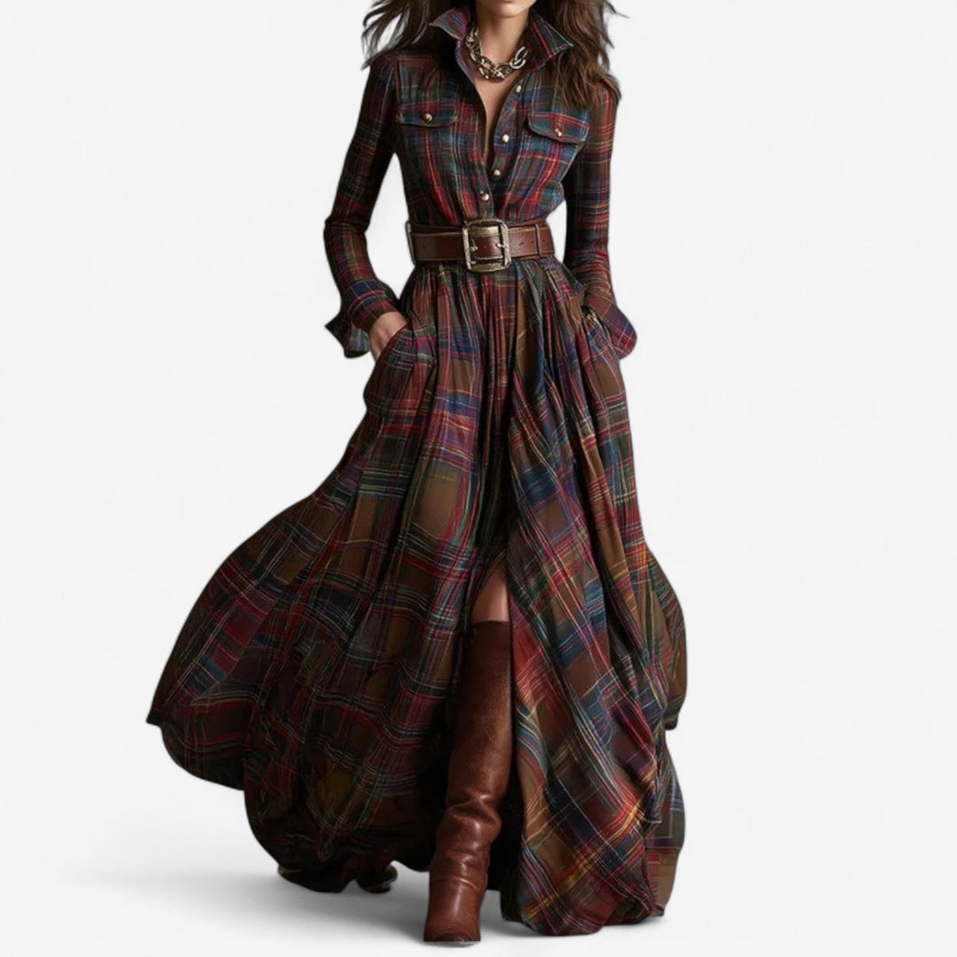 Timeless Check Maxi Dress Rustic and Refined Elegance - Elena Harper