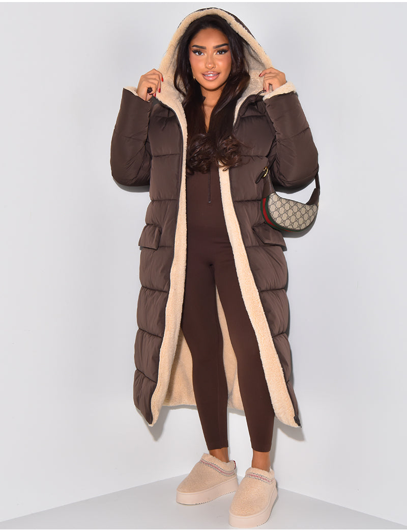 Reversible Women's Quilted Coat with Hood, Ankle-Length, view 2 - Elena Harper