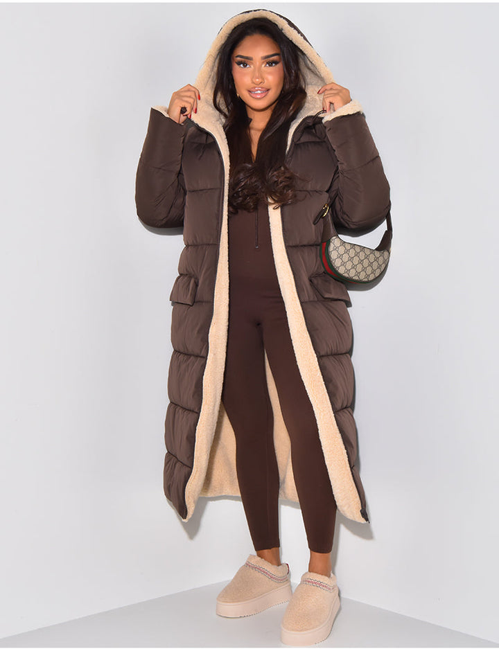 Reversible Women's Quilted Coat with Hood, Ankle-Length, view 2 - Elena Harper