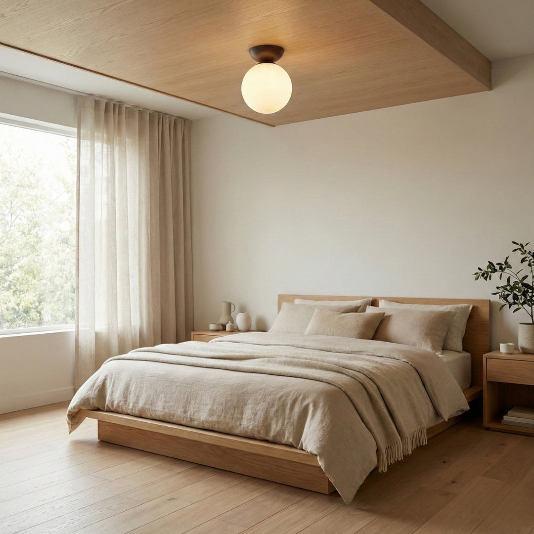 Round Japandi Globe Ceiling Lamp – Wooden Finish