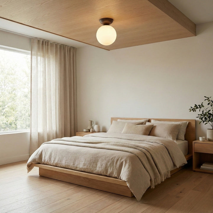 Round Japandi Globe Ceiling Lamp – Wooden Finish