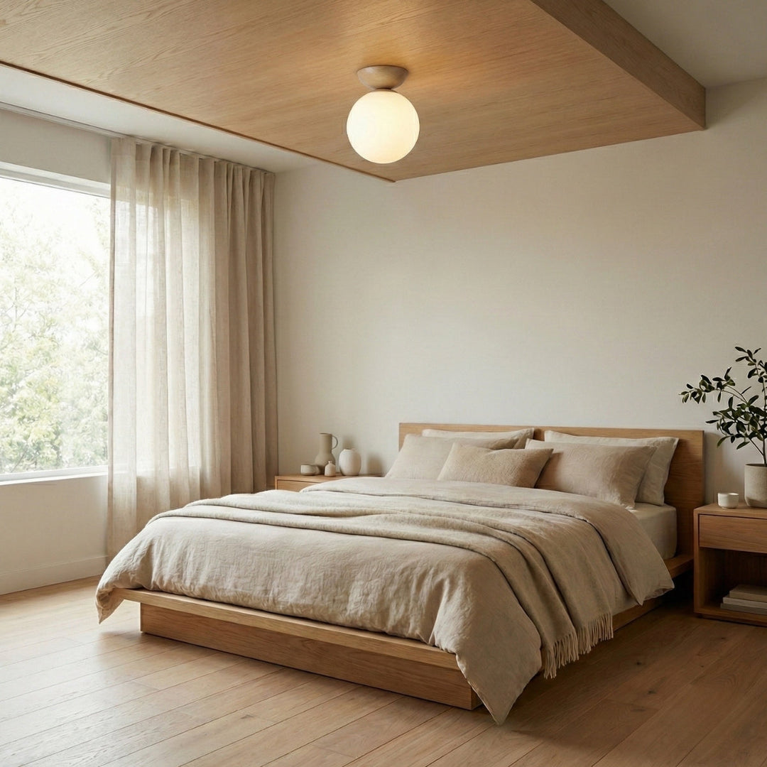 Round Japandi Globe Ceiling Lamp – Wooden Finish